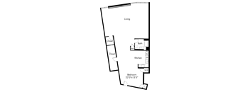 A floor plan of a small apartment with a bedroom, kitchen, and bathroom.