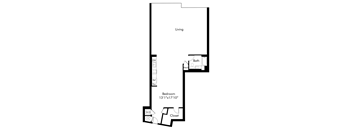 A black and white image of a floor plan for a living room, bathroom, bedroom, and closet.