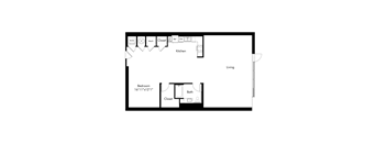 A floor plan of a small apartment with a bedroom, bathroom, kitchen, and living room.
