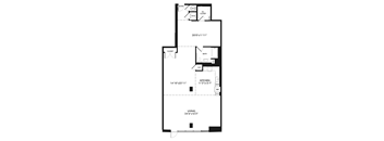 A floor plan of a home with a living room, kitchen, bathroom and entry.