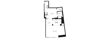 A floor plan of a house with a kitchen, bathroom, and living room.