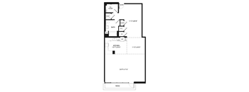 A floor plan of a house with a kitchen, bathroom, and entry closet.