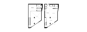 A floor plan of a home with a bedroom, bathroom, kitchen, and powder room.