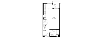 A floor plan of a house with a kitchen, bathroom, and closet.
