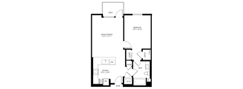A black and white floor plan of a small apartment with a kitchen, living room, and bathroom.