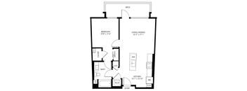 A black and white image of a floor plan for a small apartment.
