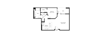 A black and white floor plan of a house with a bedroom, bathroom, kitchen, and living/dining area.
