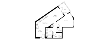 A black and white image of a house floor plan with a kitchen, bathroom, and bedroom.