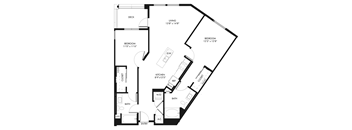 A black and white floor plan of a house with a living room, two bedrooms, a kitchen, a bathroom, a closet, a laundry area, and a deck.