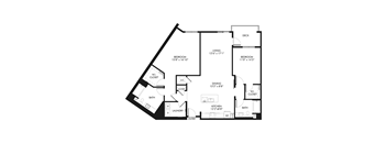 A black and white image of a house floor plan with a deck and two bedrooms.