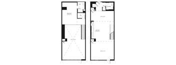A floor plan of a two-story home with a bedroom, kitchen, and bathroom.