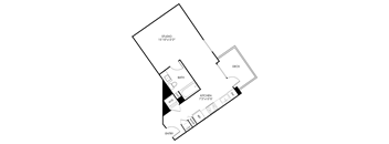 A floor plan of a studio apartment with a kitchen, bathroom, and entry.