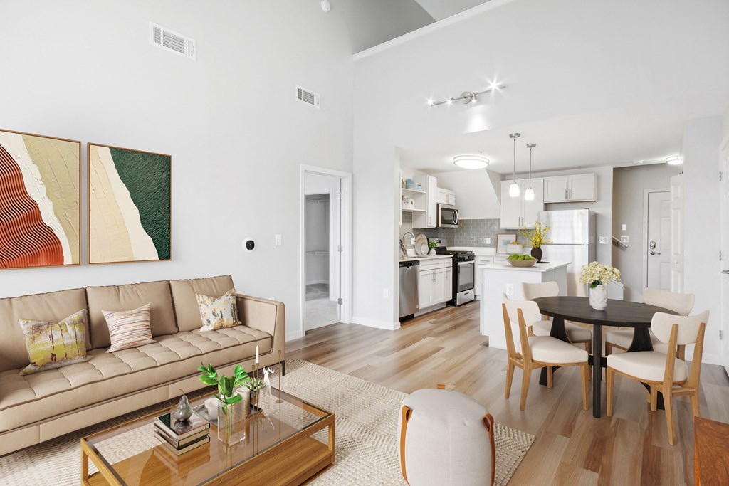 a living room with a couch and a table