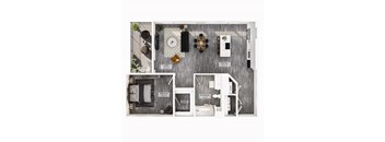 A floor plan of a small apartment with a living room, kitchen, bedroom, bathroom, and closet.