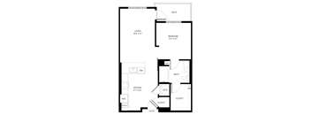 A black and white floor plan of a house with a living room, kitchen, bathroom, and closet.