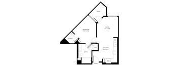 A black and white image of a house floor plan with a bedroom, bathroom, kitchen, living room, and closet.