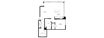 A black and white image of a floor plan for a home with a living room, kitchen, bathroom, closet, laundry room, and two bedrooms.