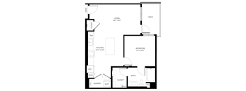 A black and white image of a floor plan for a small apartment.
