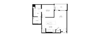 A black and white floor plan of a house with a bedroom, bathroom, kitchen, and closet.