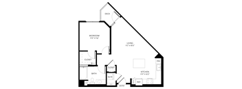 A black and white image of a house floor plan with a deck, two closets, a bath, a kitchen, a living room, and a bedroom.