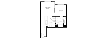 A black and white image of a floor plan for a small apartment.