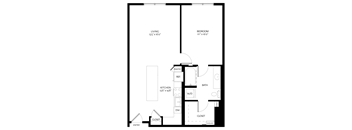 A black and white image of a floor plan for a small apartment.