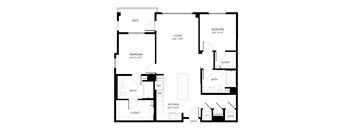 A black and white floor plan of a house with a deck, two bedrooms, a living room, a kitchen, a bathroom, a dining room, a pantry, a reference room, and two closets.