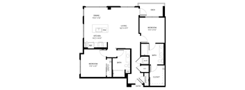 A black and white image of a floor plan for a living space.