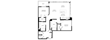 A floor plan of a house with a dining area, kitchen, and two bedrooms.