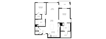 A black and white floor plan of a house with two bedrooms, a living area, a kitchen, a dining area, a bathroom, a linen closet, a utility closet, a pantry, a laundry area
