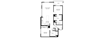 A black and white image of a house floor plan with a deck, two bedrooms, a living/dining area, a kitchen, a bath, a pantry, a laundry room, a closet, a reference closet,