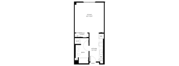 A floor plan of a studio apartment with a kitchen, bathroom, and living room.