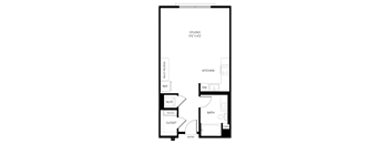 A floor plan of a studio apartment with a kitchen, bathroom, and living room.