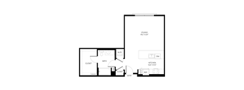 A floor plan of a studio apartment with a bathroom, kitchen, and living room.