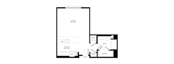 A black and white floor plan of a studio apartment.