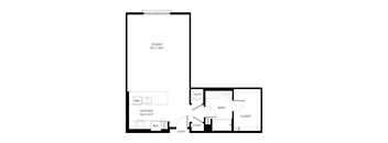 A floor plan of a studio apartment with a kitchen, bathroom, and living room.