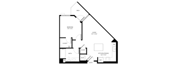 A black and white image of a house floor plan with a bedroom, bathroom, living room, kitchen, and closet.