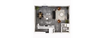 A floor plan of a small apartment with a living room, kitchen, bathroom, and closet.