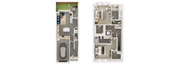 two views of a floor plan of a house with a garage and a car