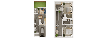 a stylized floor plan of a house with a garage and a car
