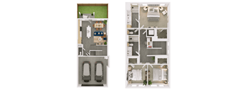 a stylized floor plan of a house and a layouts of bedrooms and a car