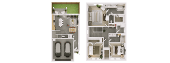 a floor plan of a house with two bedrooms and a parking lot