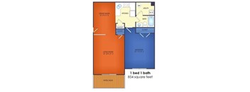 A floor plan of a one bedroom, one bathroom apartment.