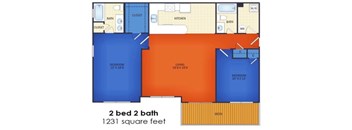A 2 bedroom 2 bath apartment is 1231 square feet.