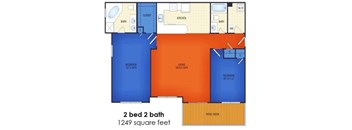 A floor plan of a two bedroom, two bathroom apartment.
