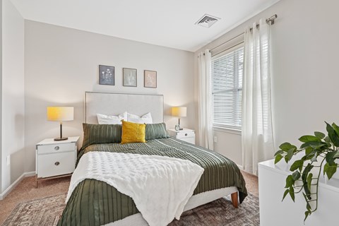 A bedroom with a bed, nightstands, and a plant.