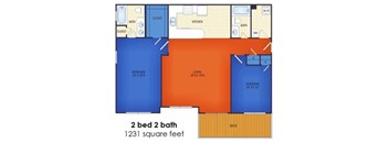 A floor plan of a 2 bedroom, 2 bathroom apartment with a total area of 1231 square feet.