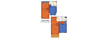 A floor plan of a 2 bedroom, 2 bathroom apartment sized 1432 square feet.