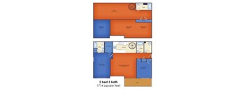 A floor plan of a 2 bedroom, 3 bathroom apartment with a total area of 1774 square feet.