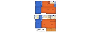A floor plan of a 2 bedroom, 3 bathroom apartment.